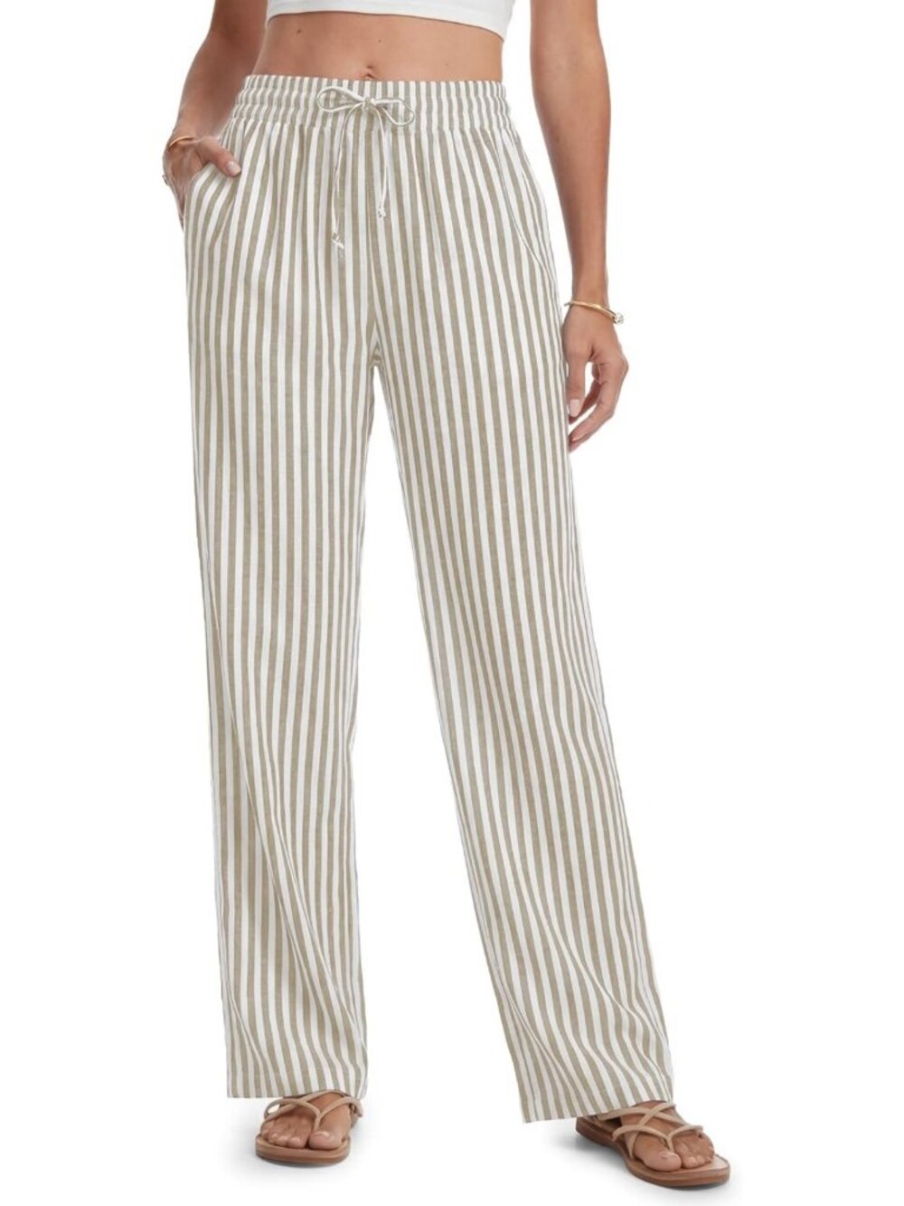 Striped Linen Wide Leg Pants for Tall Women - Casual Summer Beach Trousers